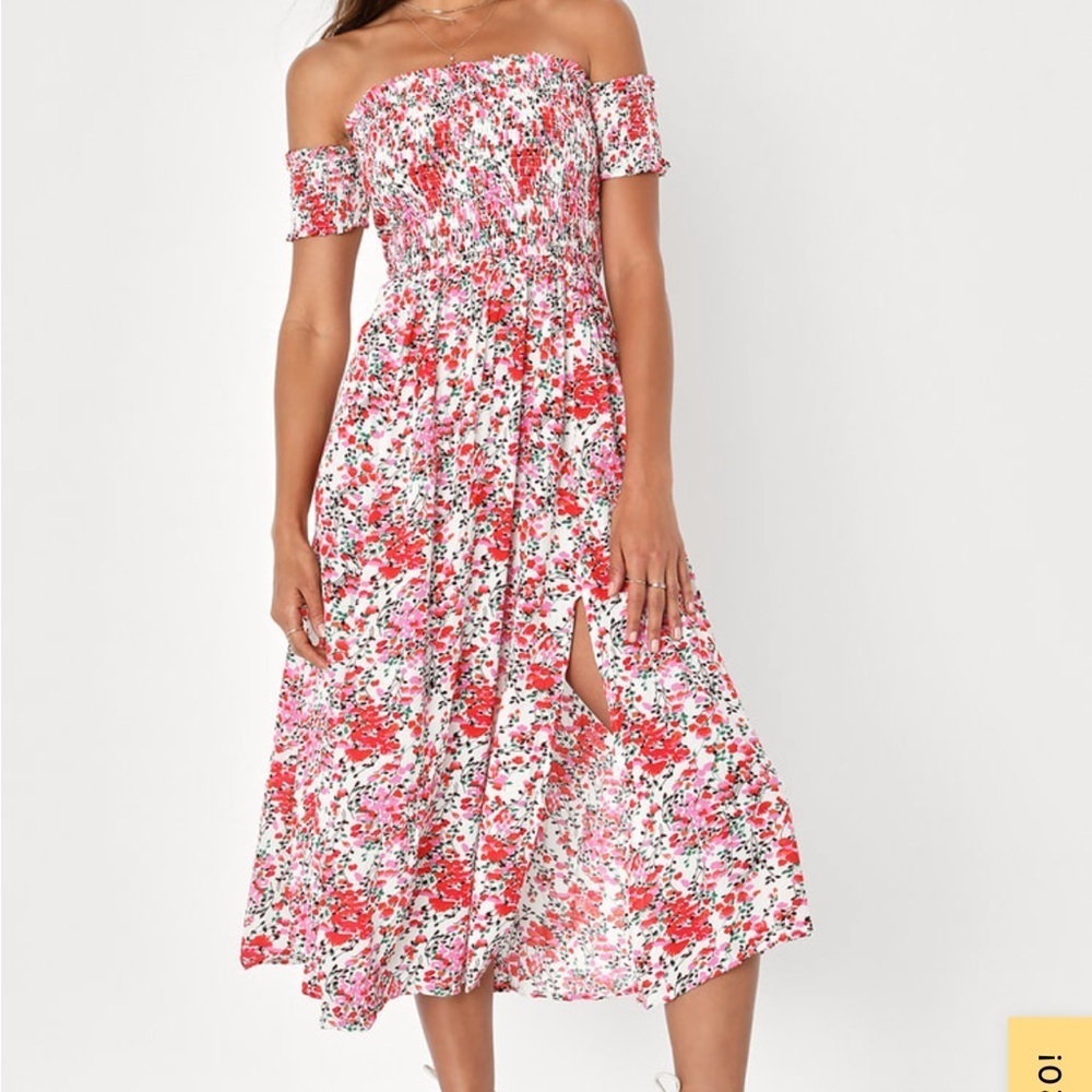 Lulu’s Smocked View from the Meadow Off the Shoulder Midi Dress